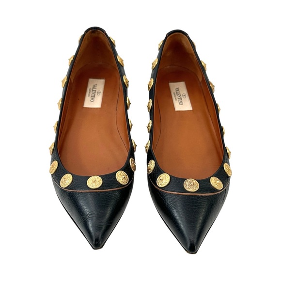 Valentino Garavani Rockstud Black Coin Embellished Leather Ballet Flats sz 37.5 - Picture 4 of 13